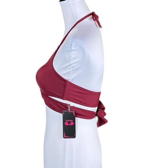 Shekini Asymmetrical Red Swimsuit Top with Tie Fastening - Picture 2 of 6